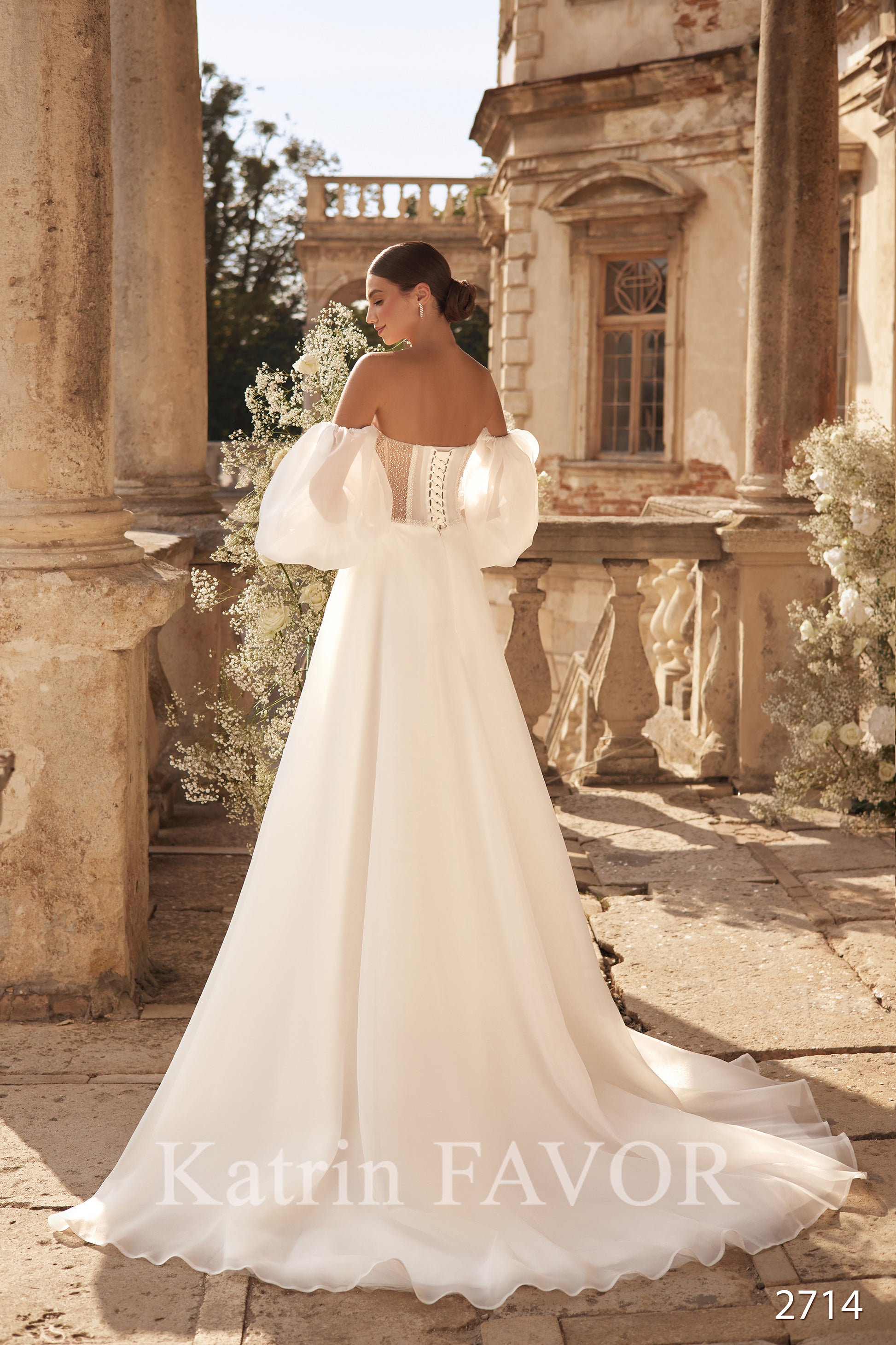 Fairy wedding dress with detachable puff sleeves
