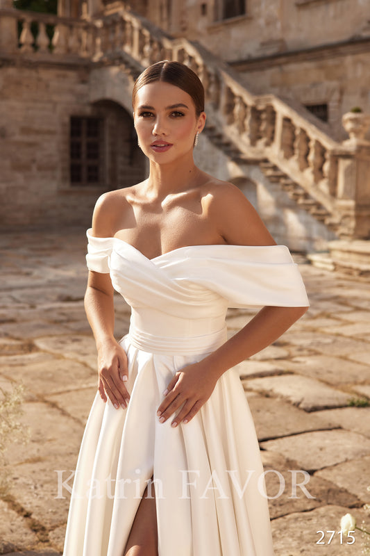 Simple satin off the shoulder wedding dress