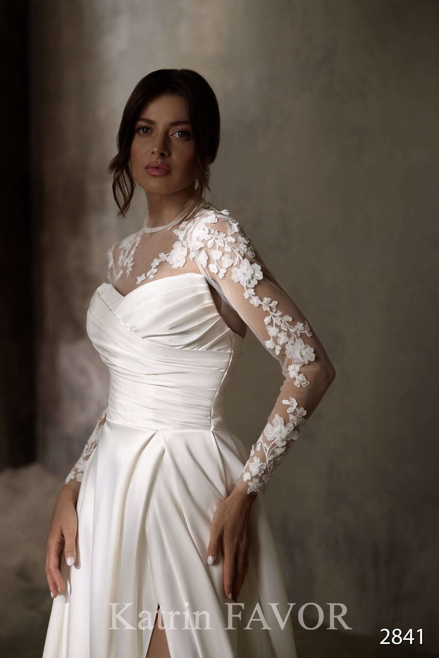 KatrinFAVORboutique-Floral sleeve wedding dress Satin a line wedding gown