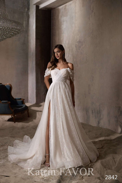 KatrinFAVORboutique-Shimmering wedding gown Bardot style wedding dress