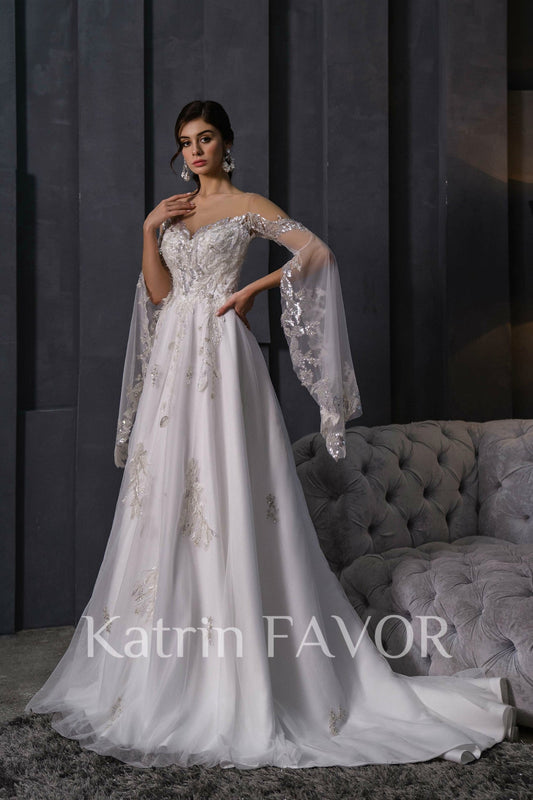 KatrinFAVORboutique-Medieval flutter sleeve fairy wedding dress