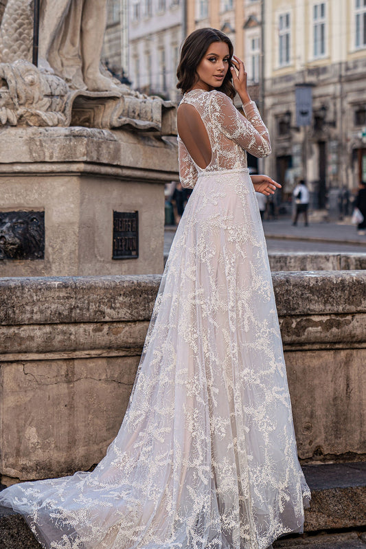 Long sleeve backless wedding dress See through bridal gowns