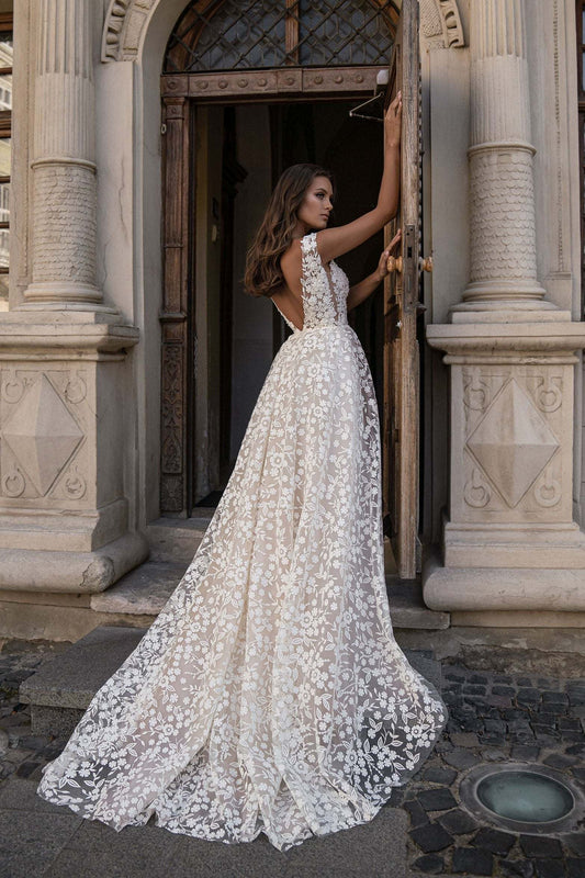 KatrinFAVORboutique-Long floral wedding dress Backless dress for wedding