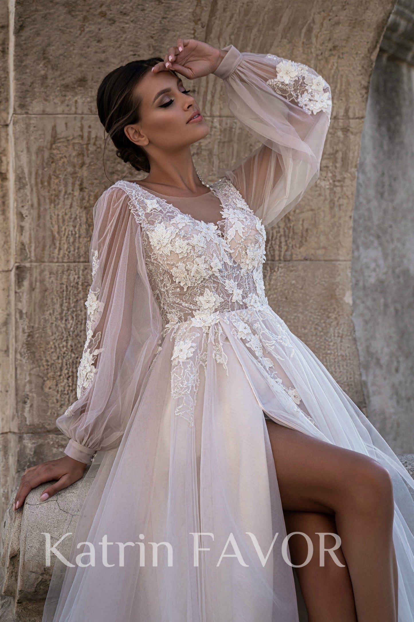 KatrinFAVORboutique-Floral embroidered tulle wedding dress