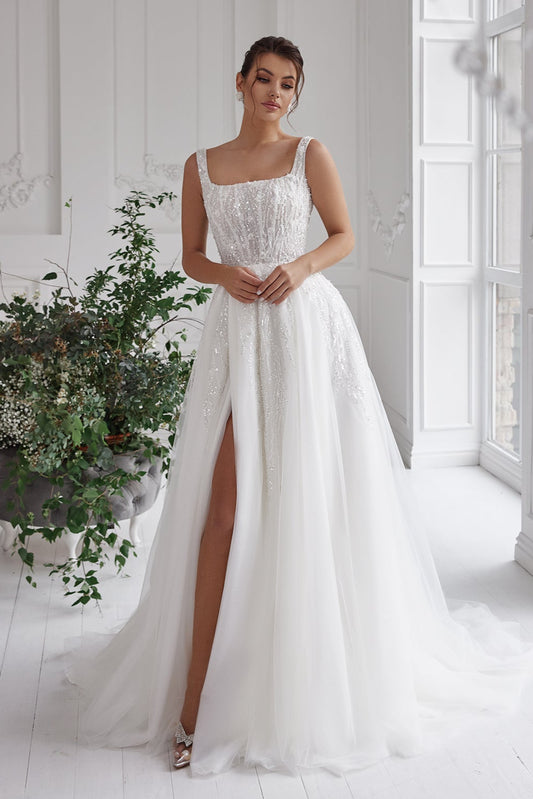 Square neckline wedding dress Embroidered a-line wedding dress