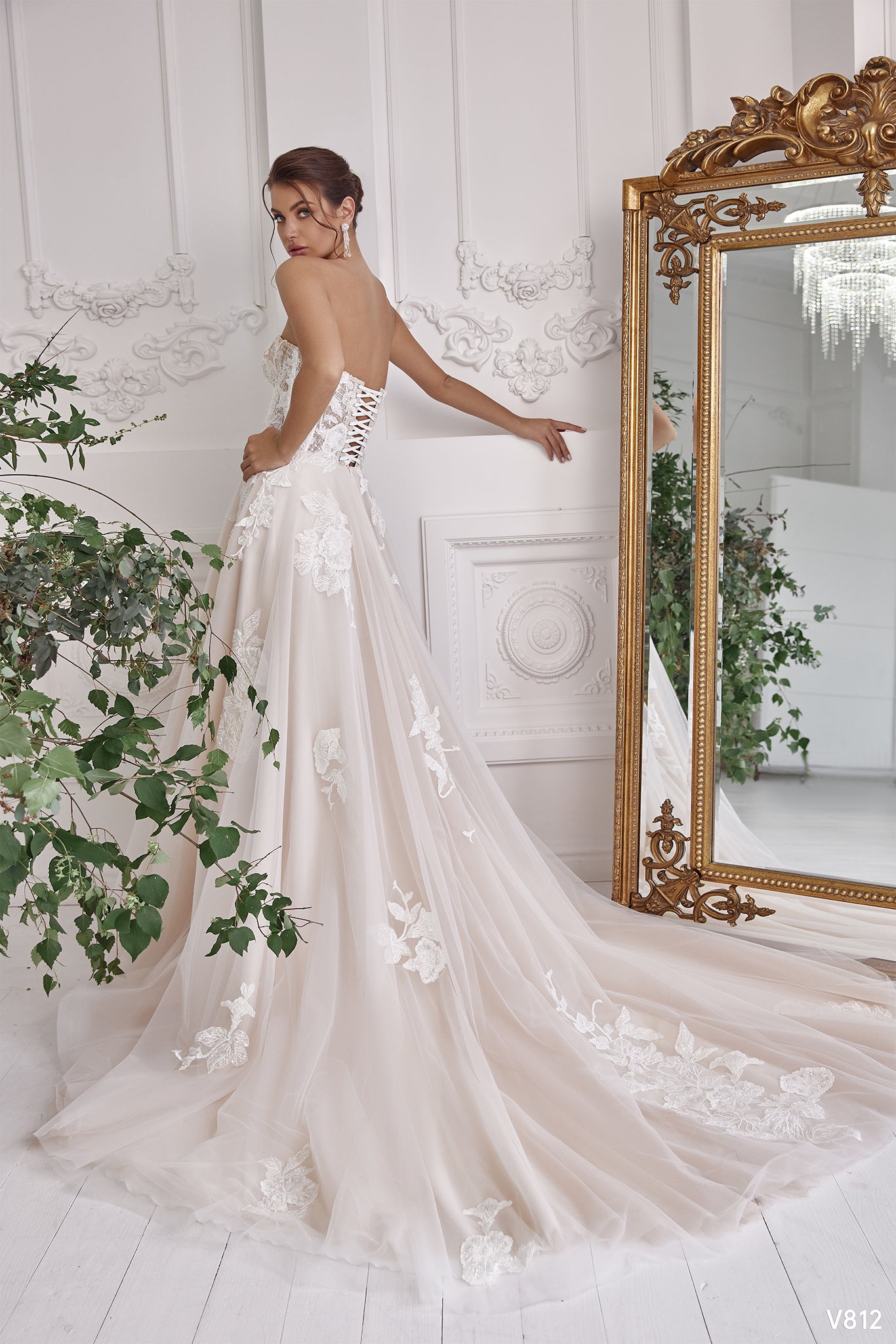 Two piece puff sleeve blush tulle wedding dress