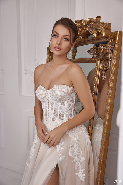 Two piece puff sleeve blush tulle wedding dress