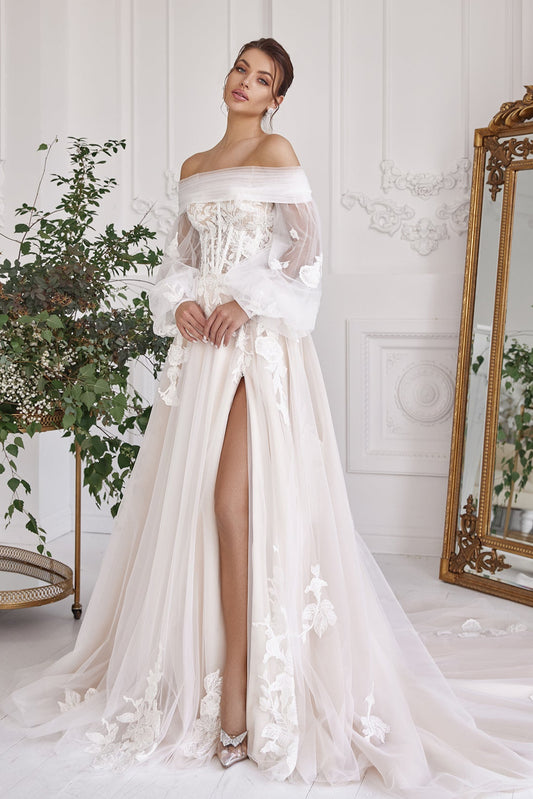 Two piece puff sleeve blush tulle wedding dress