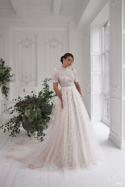 KatrinFAVORboutique-Short puff sleeve wedding dress High neckline wedding dress