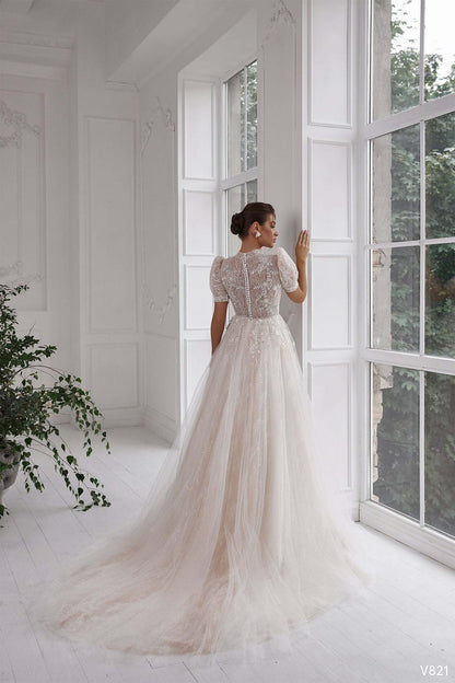KatrinFAVORboutique-Short puff sleeve wedding dress High neckline wedding dress