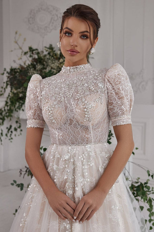 KatrinFAVORboutique-Short puff sleeve wedding dress High neckline wedding dress
