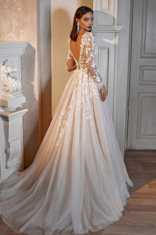 Long sleeve low back wedding dress | Flowy wedding gown | KatrinFAVOR