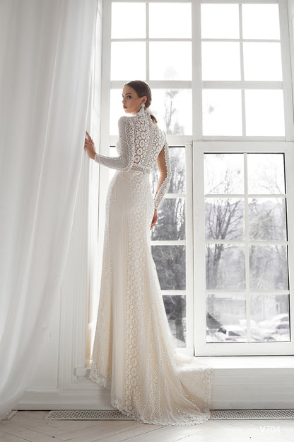 High neck lace wedding dress