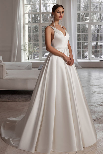 Simple elegant V-neck satin wedding dress