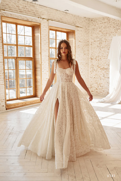 Tie-up sparkle wedding dress with slit