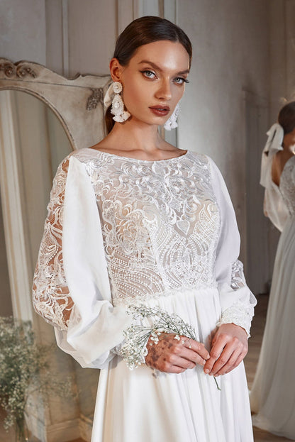 Chiffon wedding dress with sleeves | Wedding flowy dress | KatrinFAVOR