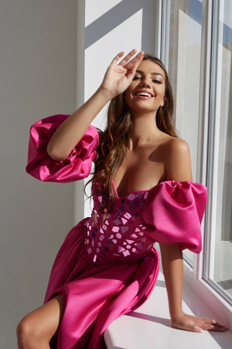 KatrinFAVORboutique-Hot pink formal dresses Black corset prom dress