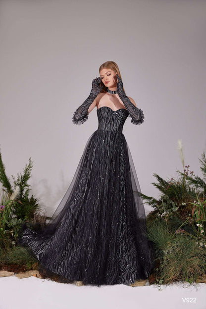 KatrinFAVORboutique-Formal gown with gloves Black and silver evening gowns