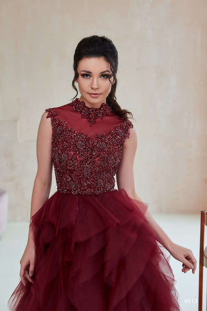 KatrinFAVORboutique-Tiered ruffle gown Burgundy formal dress for wedding