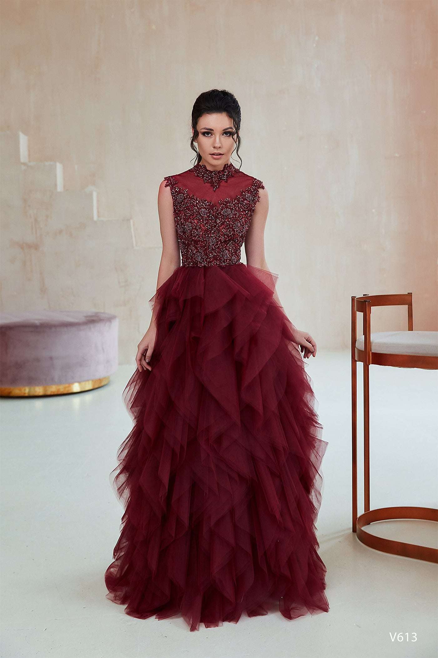 KatrinFAVORboutique-Tiered ruffle gown Burgundy formal dress for wedding