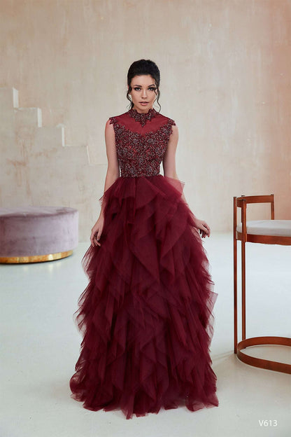 KatrinFAVORboutique-Tiered ruffle gown Burgundy formal dress for wedding