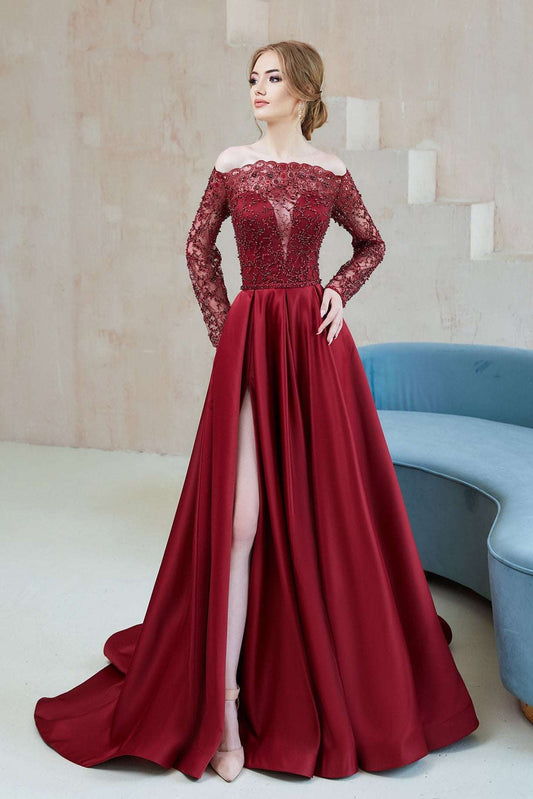 KatrinFAVORboutique-Off the shoulder high slit dress Autumn formal dresses