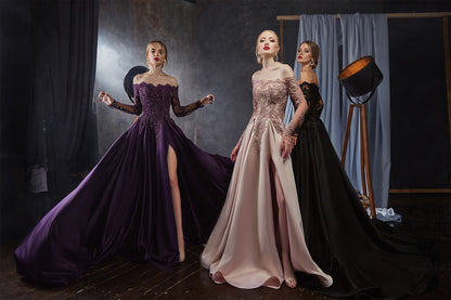 Off the shoulder long sleeve evening gown