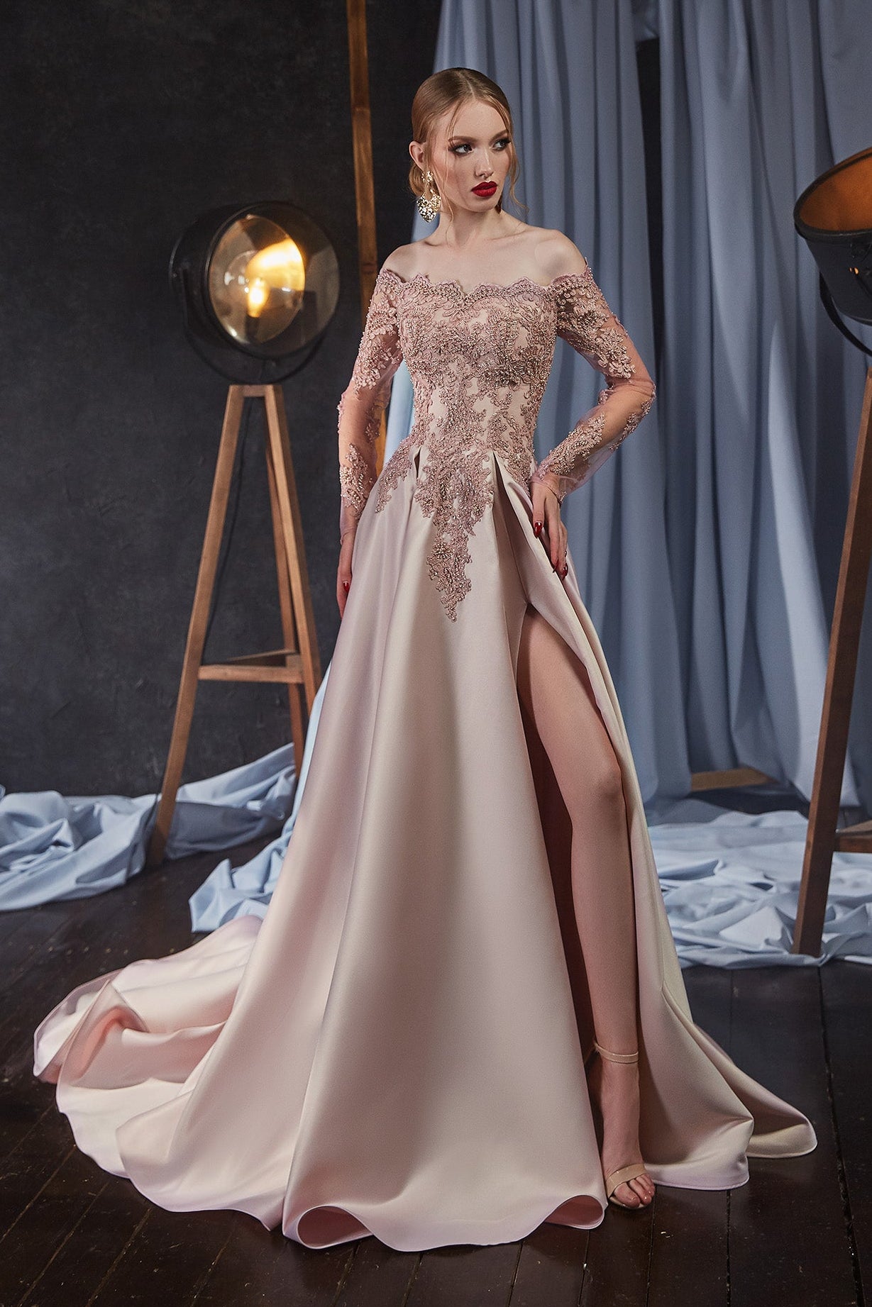 Off the shoulder long sleeve evening gown