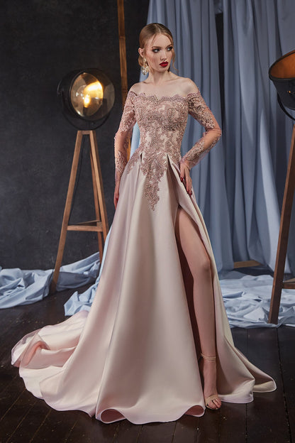 Off the shoulder long sleeve evening gown