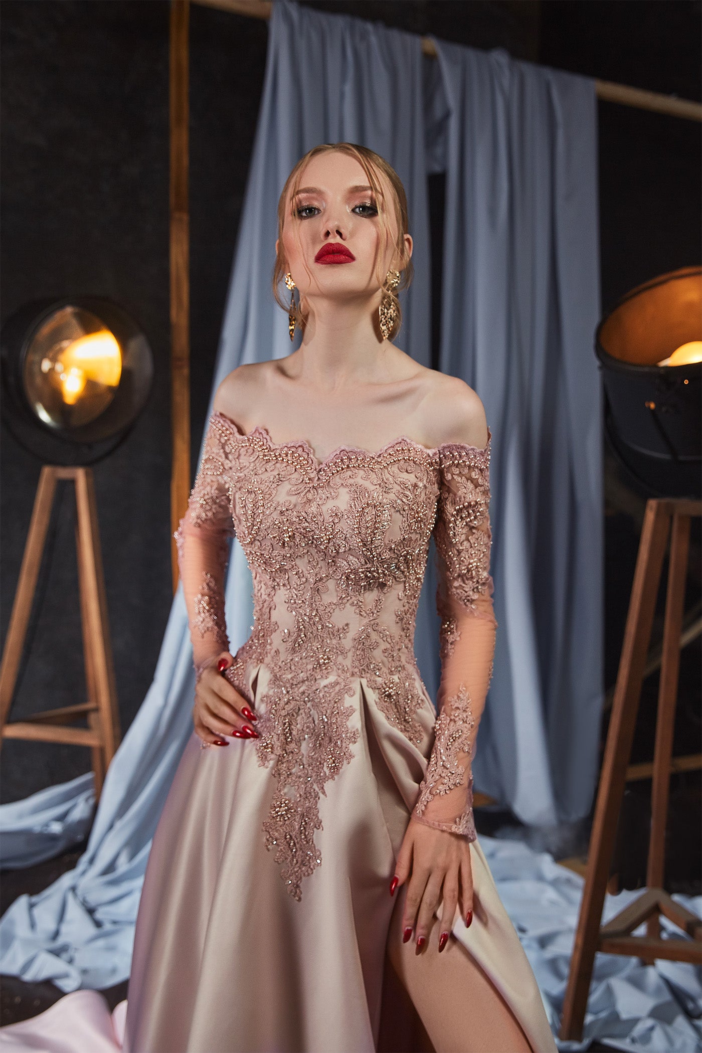 Off the shoulder long sleeve evening gown