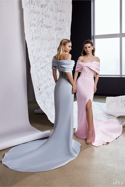 Off the shoulder sheath evening gown