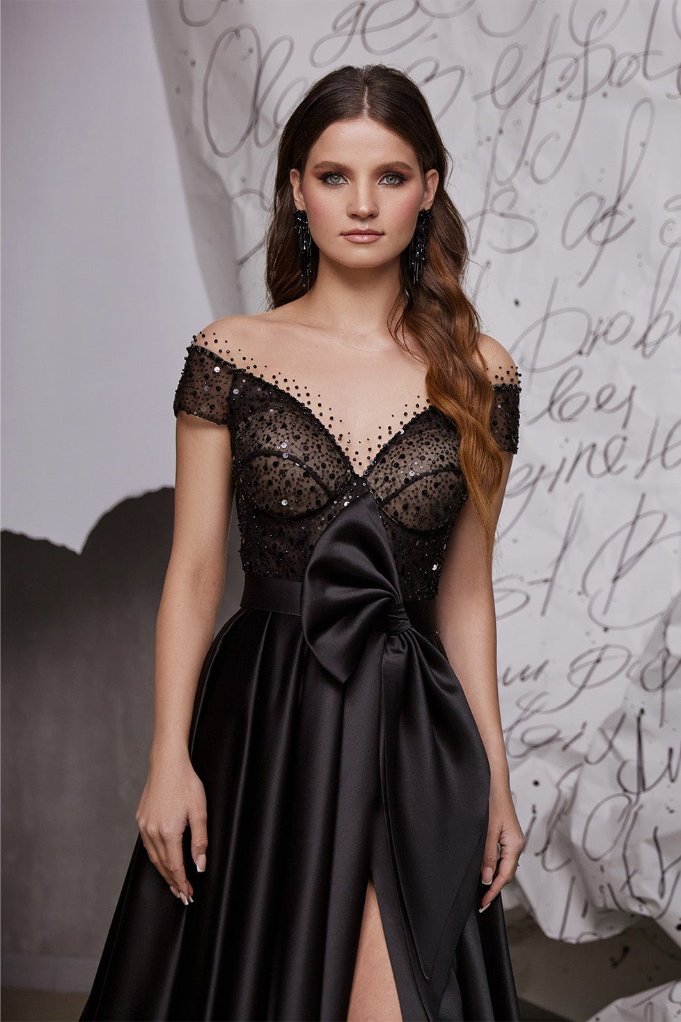 Off the shoulder evening dress with bow