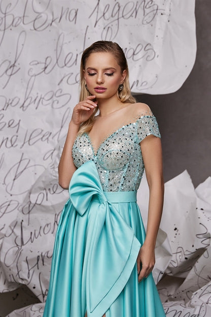 Off the shoulder evening dress with bow