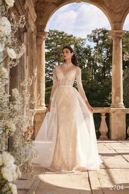 2 in 1 embroidered long sleeve unique wedding dress