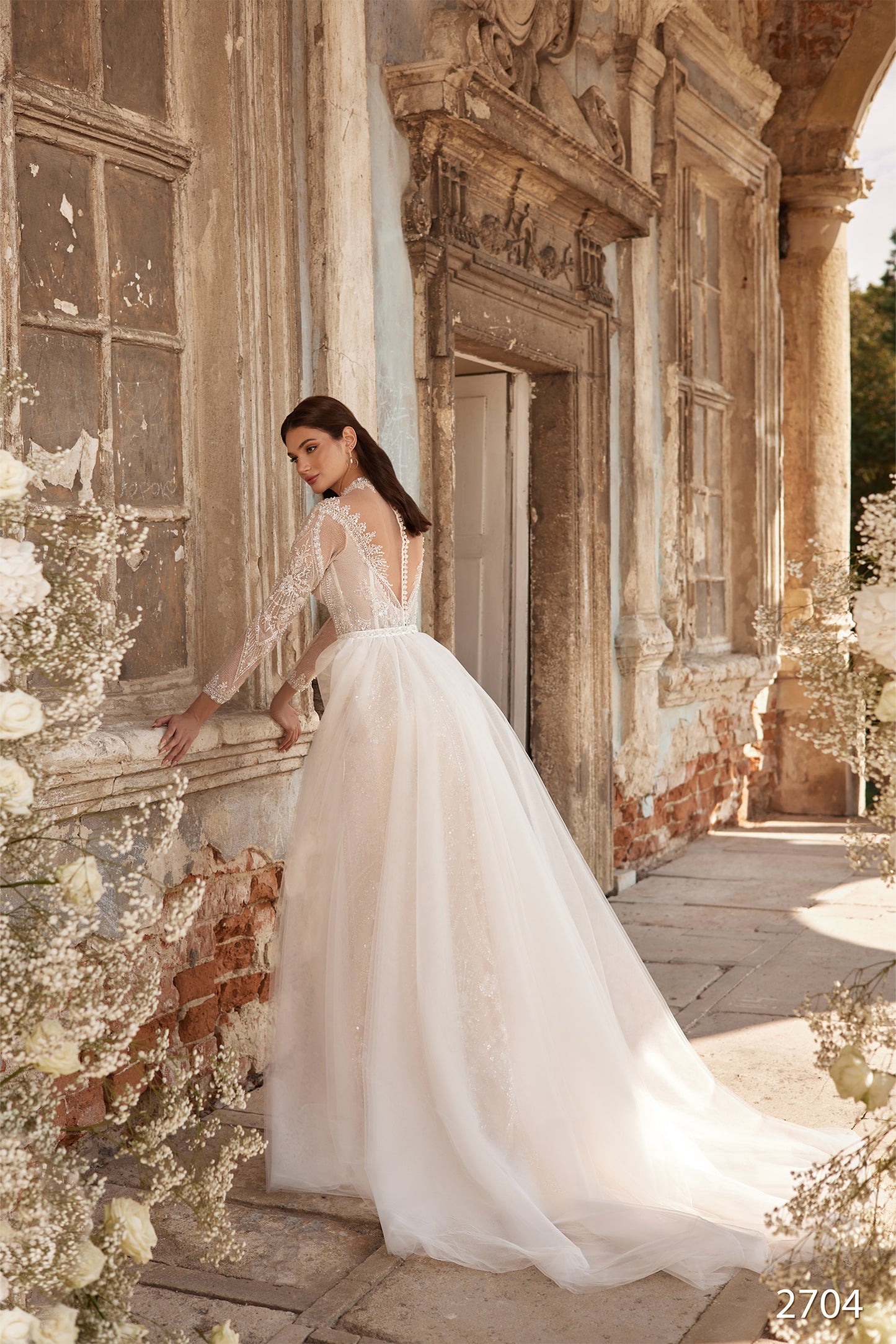 2 in 1 embroidered long sleeve unique wedding dress