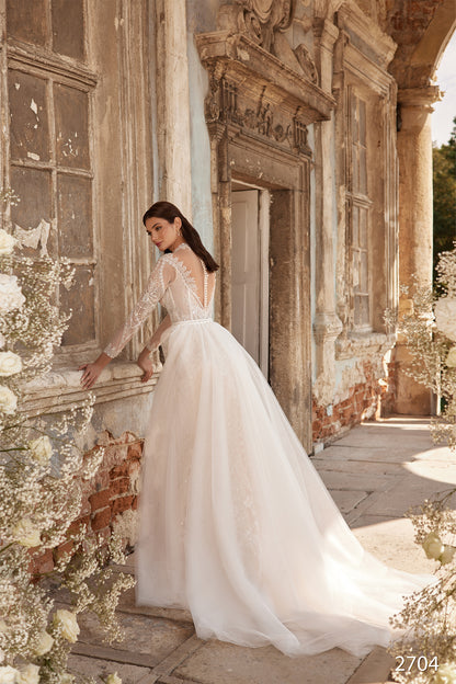 2 in 1 embroidered long sleeve unique wedding dress