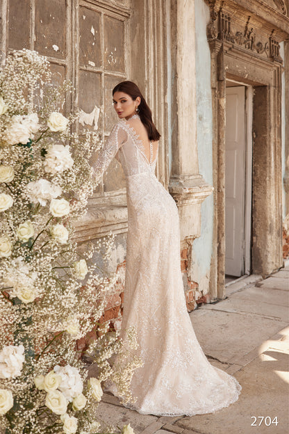 2 in 1 embroidered long sleeve unique wedding dress