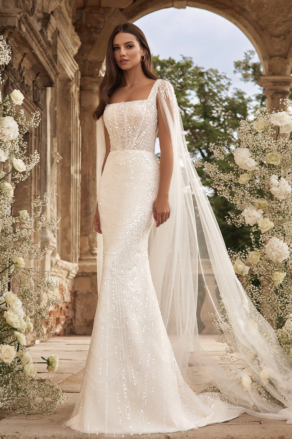 Wedding dress with detachable cape | Sheath bridal dress
