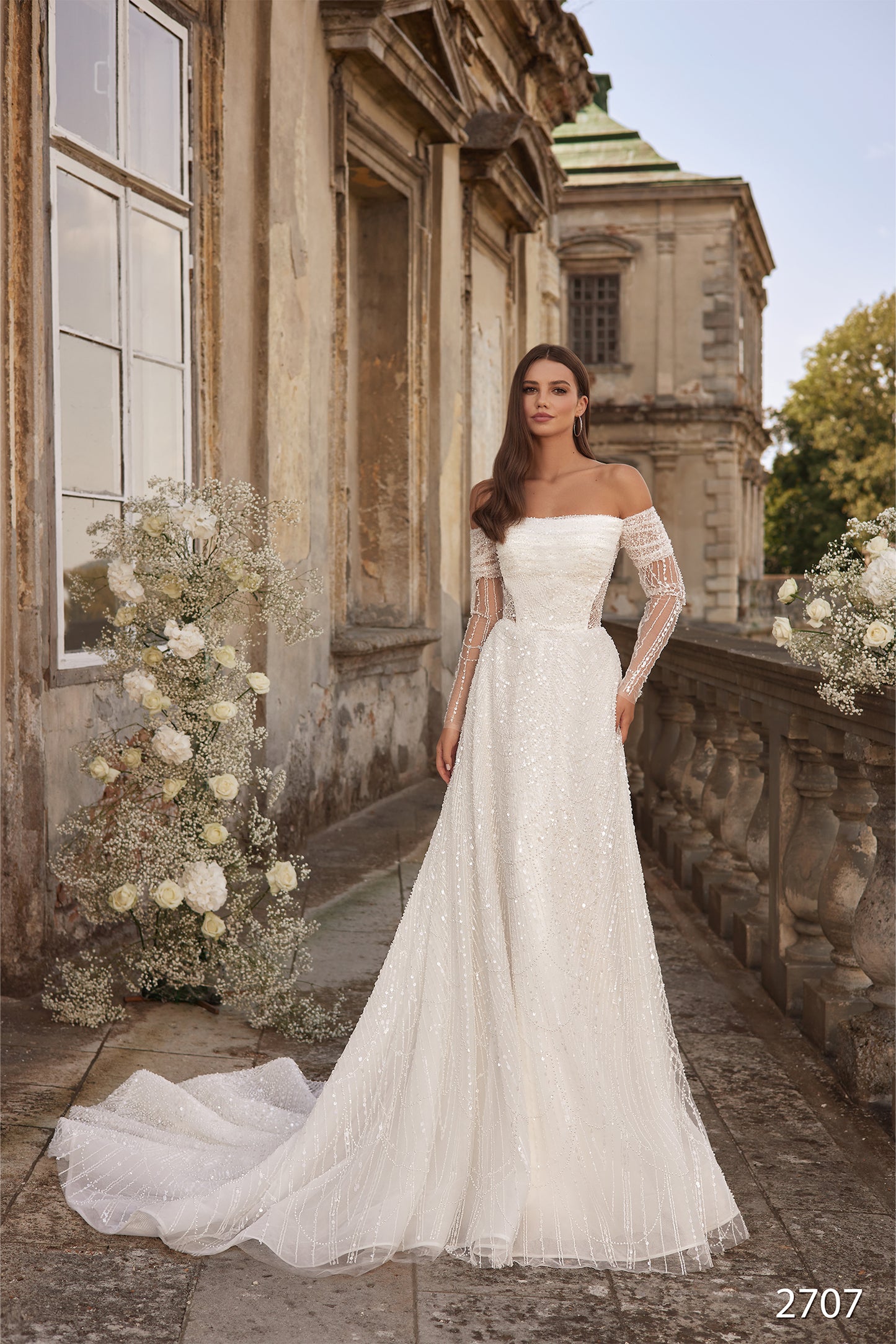 Embroidered off the shoulder long sleeve wedding dress