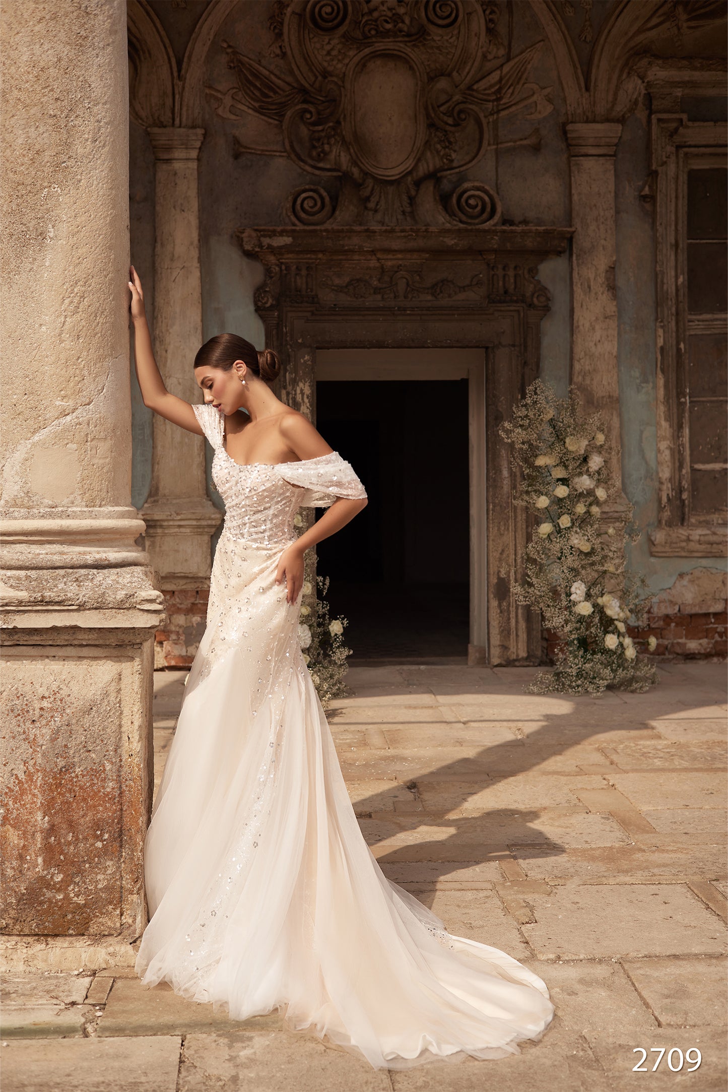 Off the shoulder embroidered mermaid wedding dress