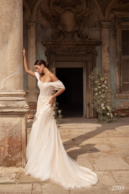 Off the shoulder embroidered mermaid wedding dress