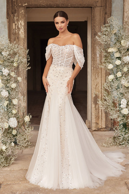 Off the shoulder embroidered mermaid wedding dress