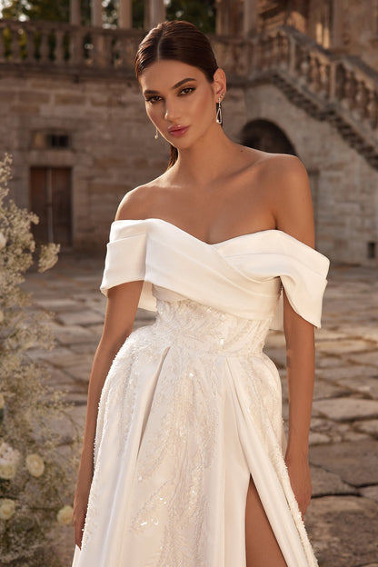 Elegant satin off the shoulder wedding dress