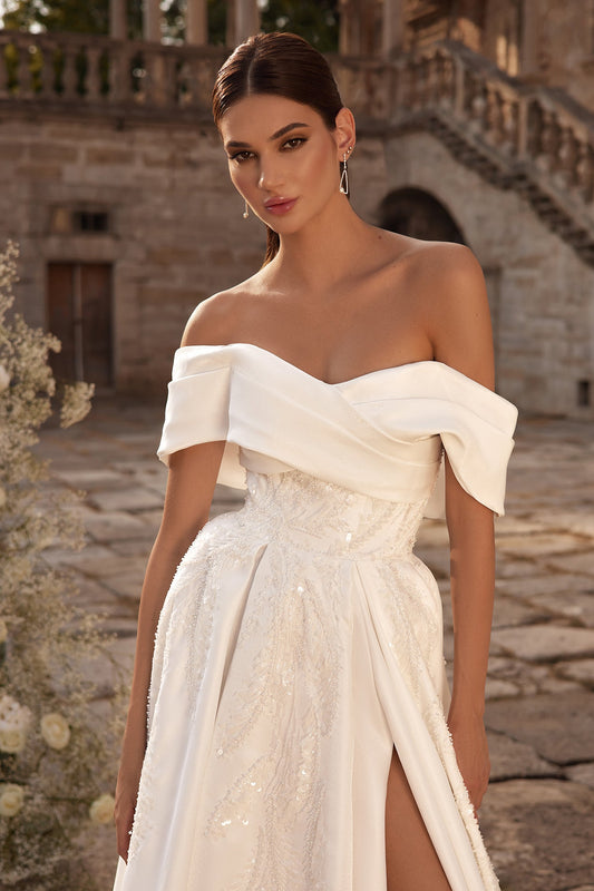 Elegant satin off the shoulder wedding dress