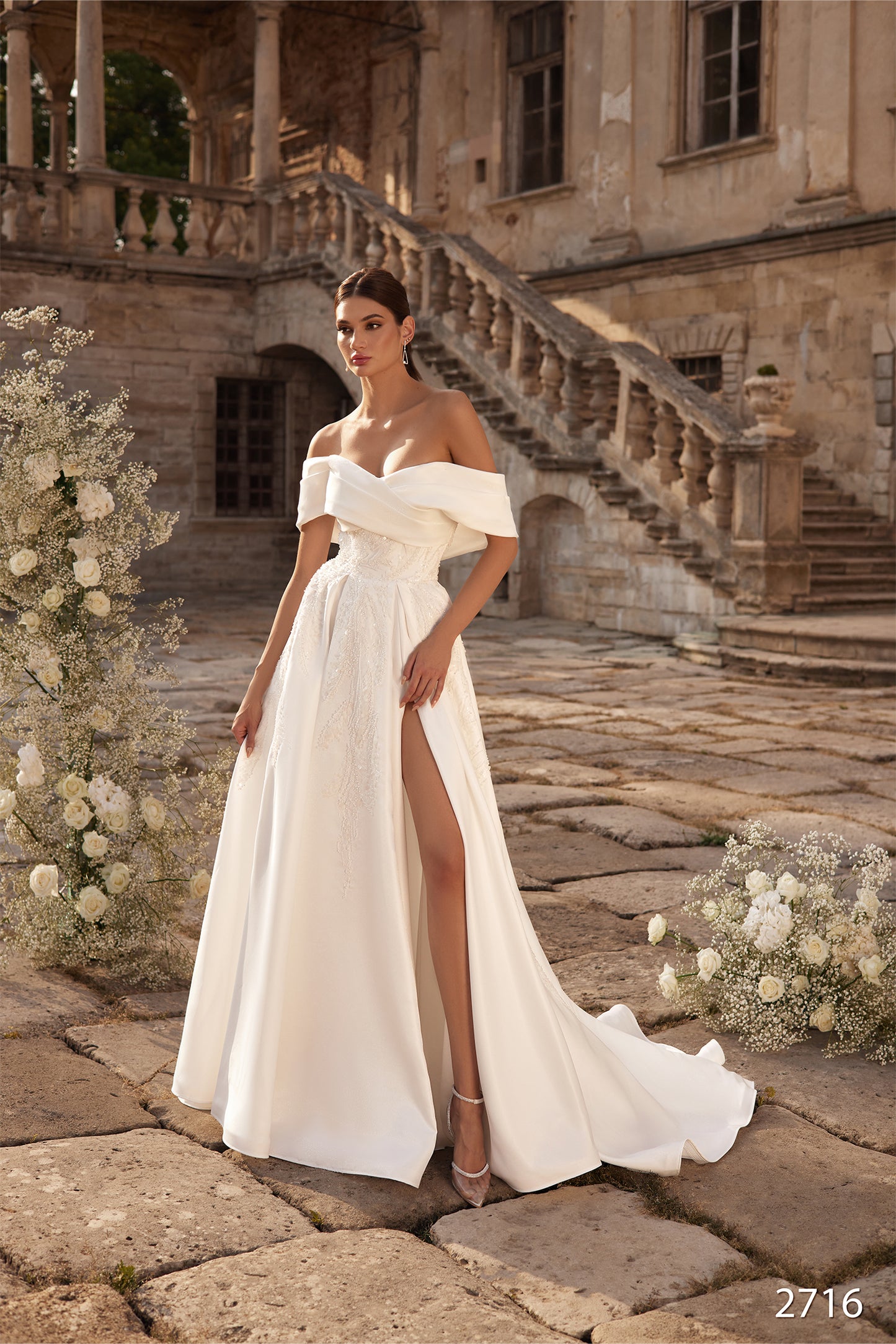 Elegant satin off the shoulder wedding dress
