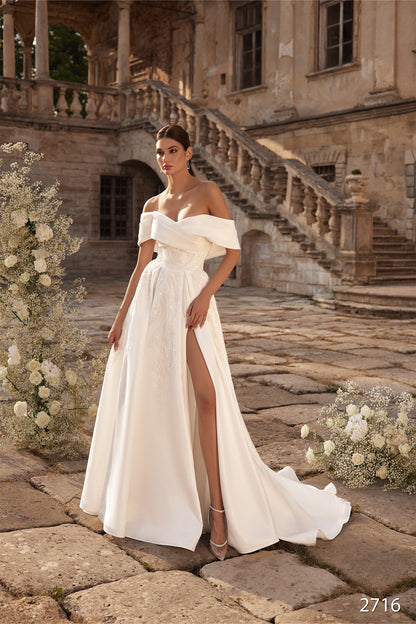 Elegant satin off the shoulder wedding dress