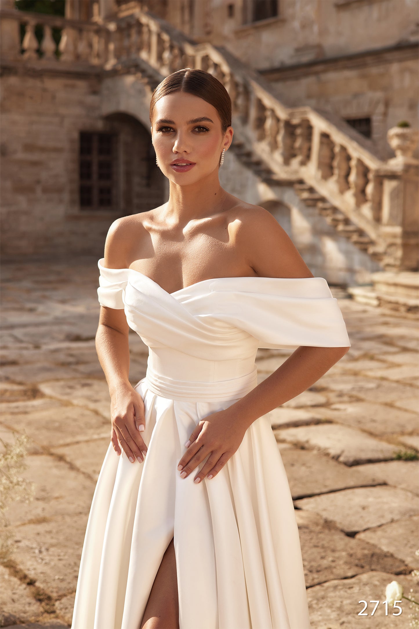 Simple satin off the shoulder wedding dress
