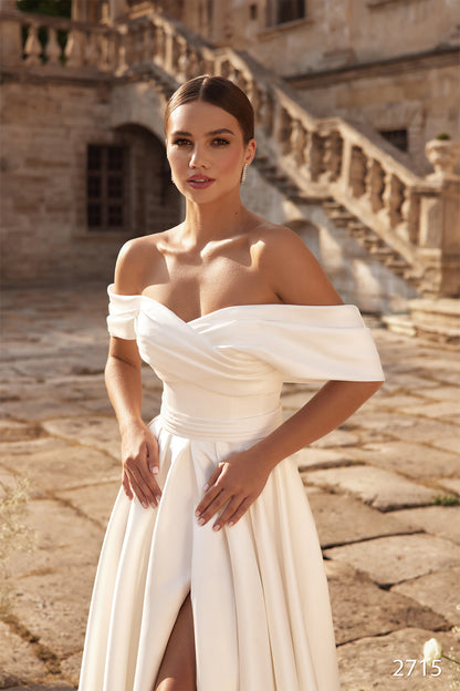 Simple satin off the shoulder wedding dress