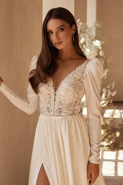 KatrinFAVORboutique-Long sleeve crepe wedding dress A line wedding gowns