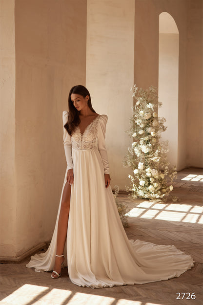KatrinFAVORboutique-Long sleeve crepe wedding dress A line wedding gowns